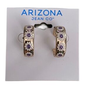 Gold-tone White & Purple Floral Huggie Hoop Earrings